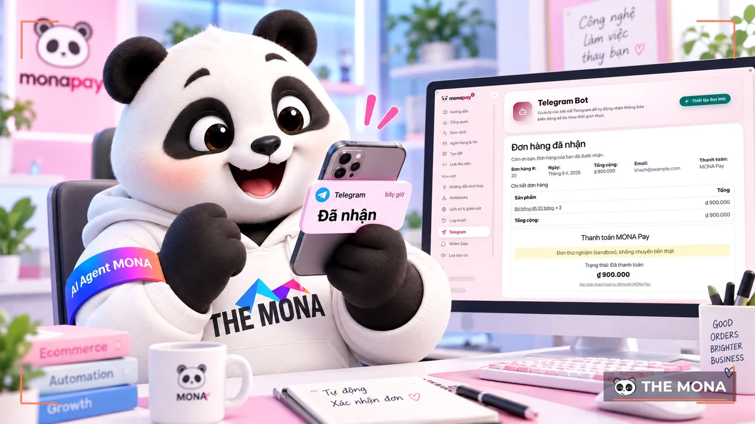 Gấu MONA cầm điện thoại nhận Telegram Đã nhận, đơn tự xác nhận trên website