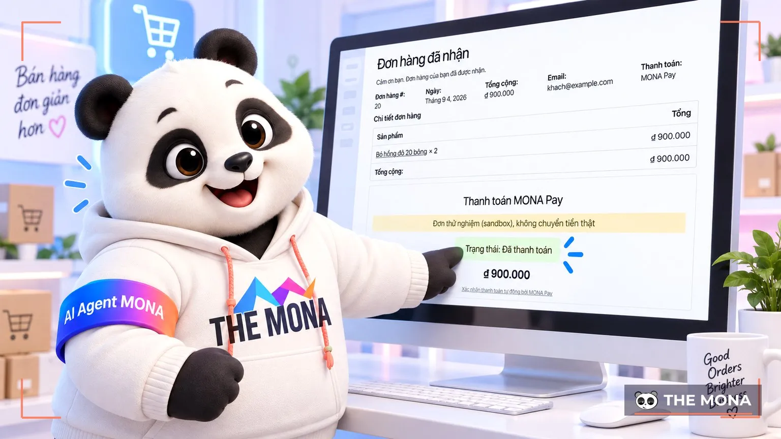 Gấu MONA chỉ màn Đơn hàng đã nhận thật với trạng thái Đã thanh toán