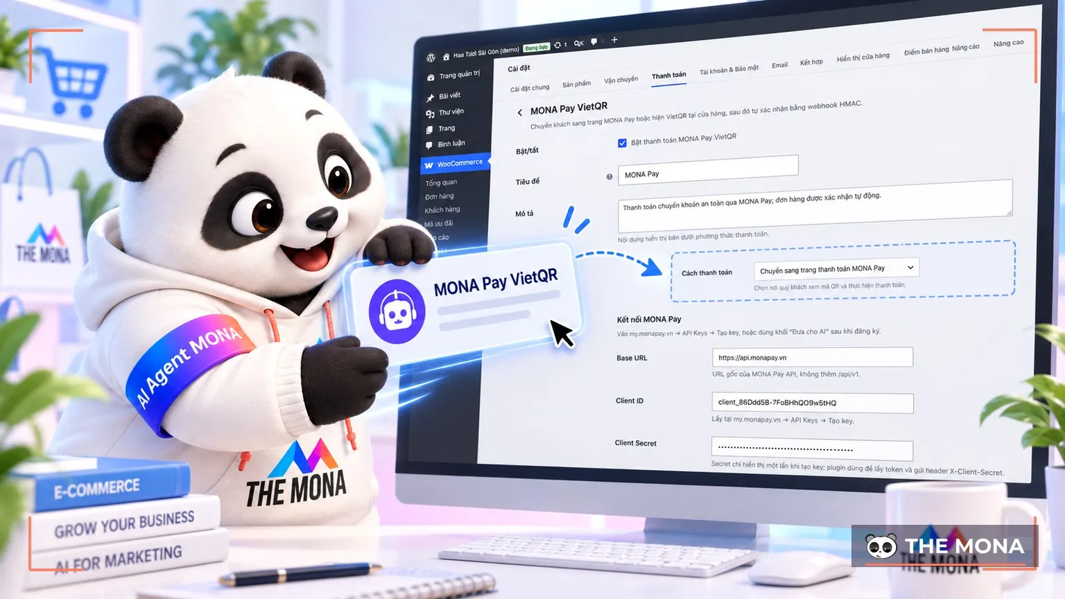 Gấu MONA kéo thả khối MONA Pay VietQR vào giao diện theme WordPress bán hàng trên