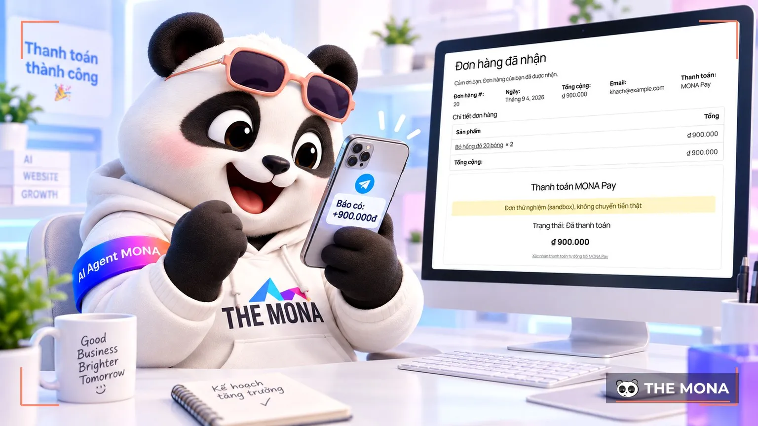 Gấu MONA cầm điện thoại, Telegram báo có, trang cảm ơn của theme hiện Đã thanh